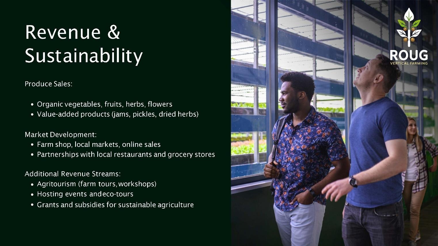 ROUG Vocational Academy Presentation: Strategic agricultural exports, hands-on training, and greenhouse automation parameters.