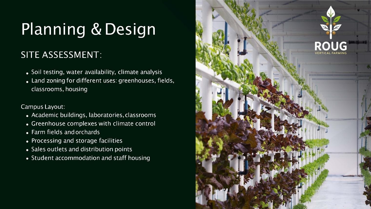 ROUG Vocational Academy Presentation: Strategic agricultural exports, hands-on training, and greenhouse automation parameters.